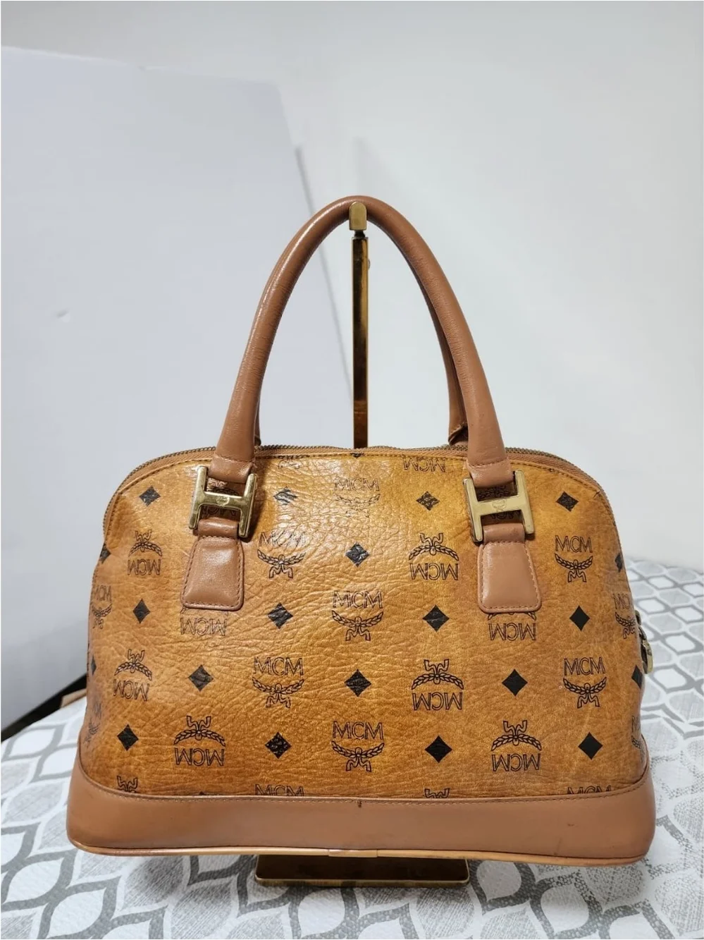 MCM Visetos Heritage Bowler Medium Shoulder Bag Brown